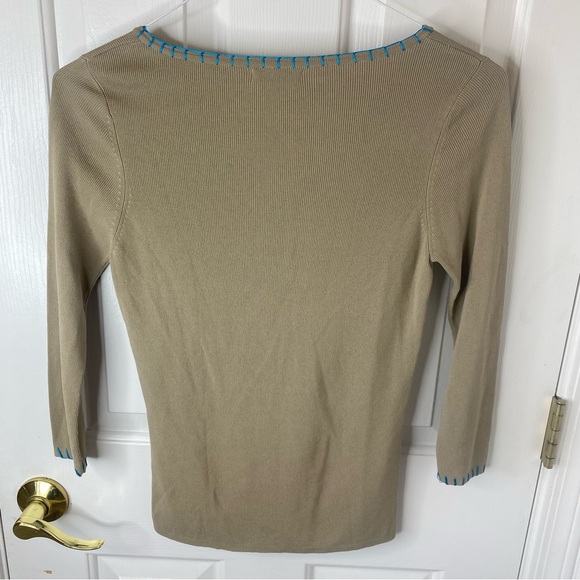 Erik Spencer Khaki Turquoise White Embroidery Sweater Top S - Picture 5 of 9